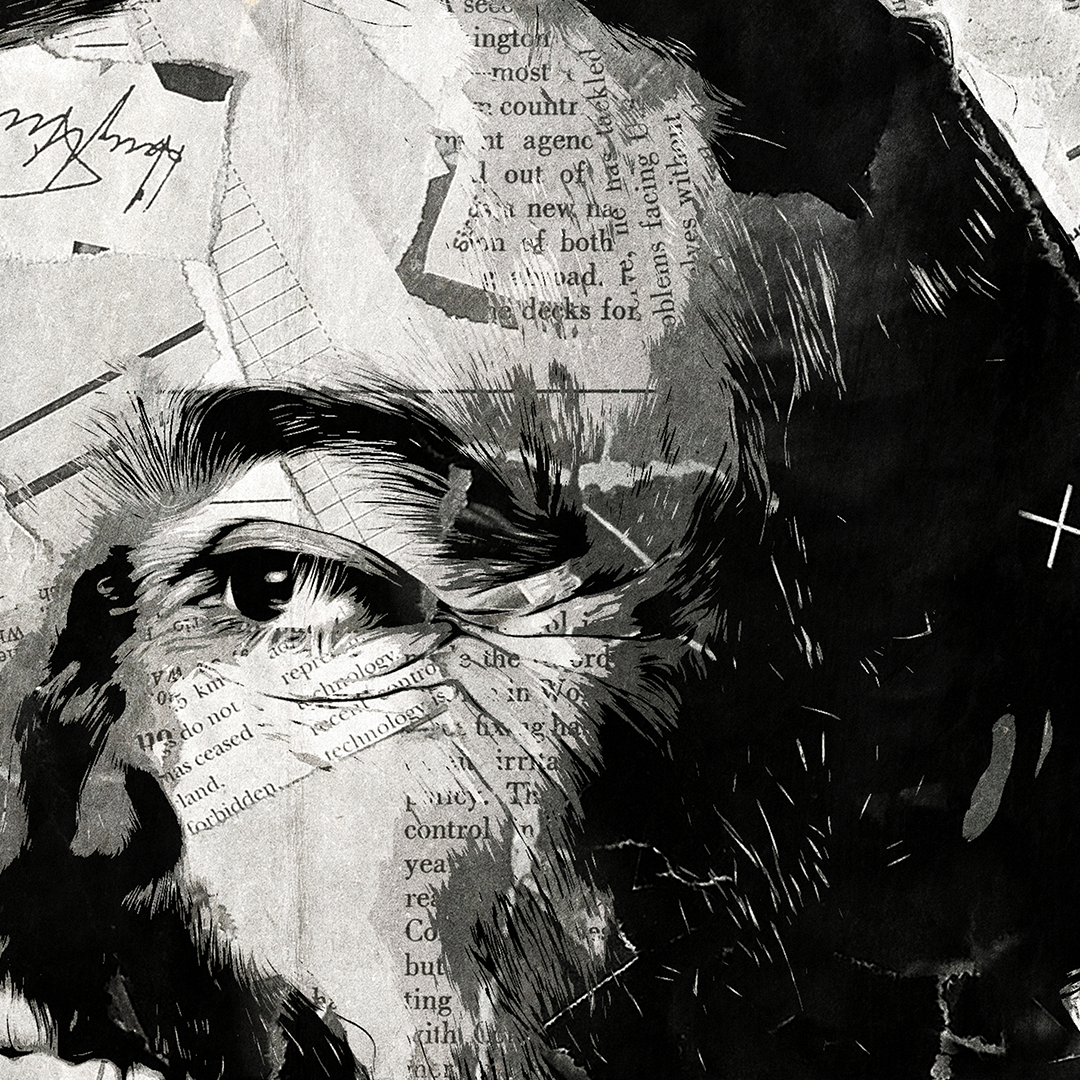 A Luciano Pavarotti poster design - a portrait of Pavarotti made using a collage of torn pieces of magazine pages in black and white.