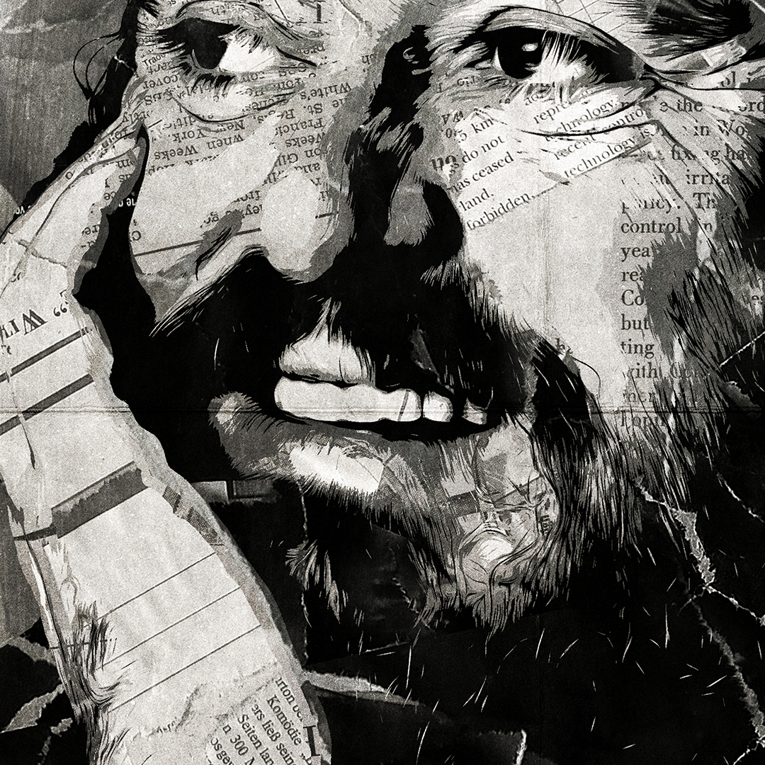 A Luciano Pavarotti poster design - a portrait of Pavarotti made using a collage of torn pieces of magazine pages in black and white.