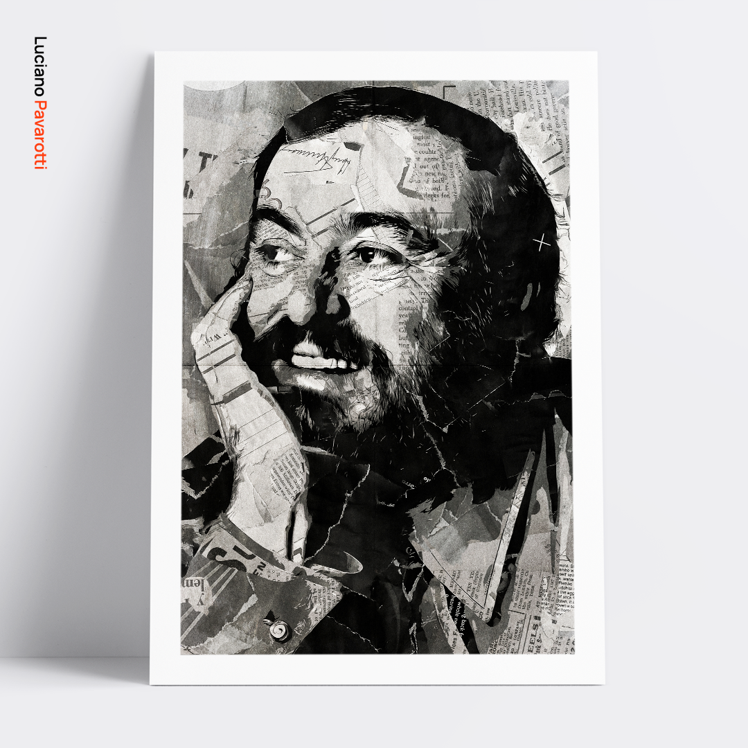 A Luciano Pavarotti poster design - a portrait of Pavarotti made using a collage of torn pieces of magazine pages in black and white.