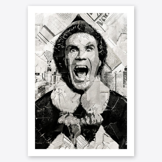 A digital collage portrait of Buddy the Elf played by Will Ferrell in the film Elf created using ripped up magazines and newspaper. An archival standard quality print from The Building House.