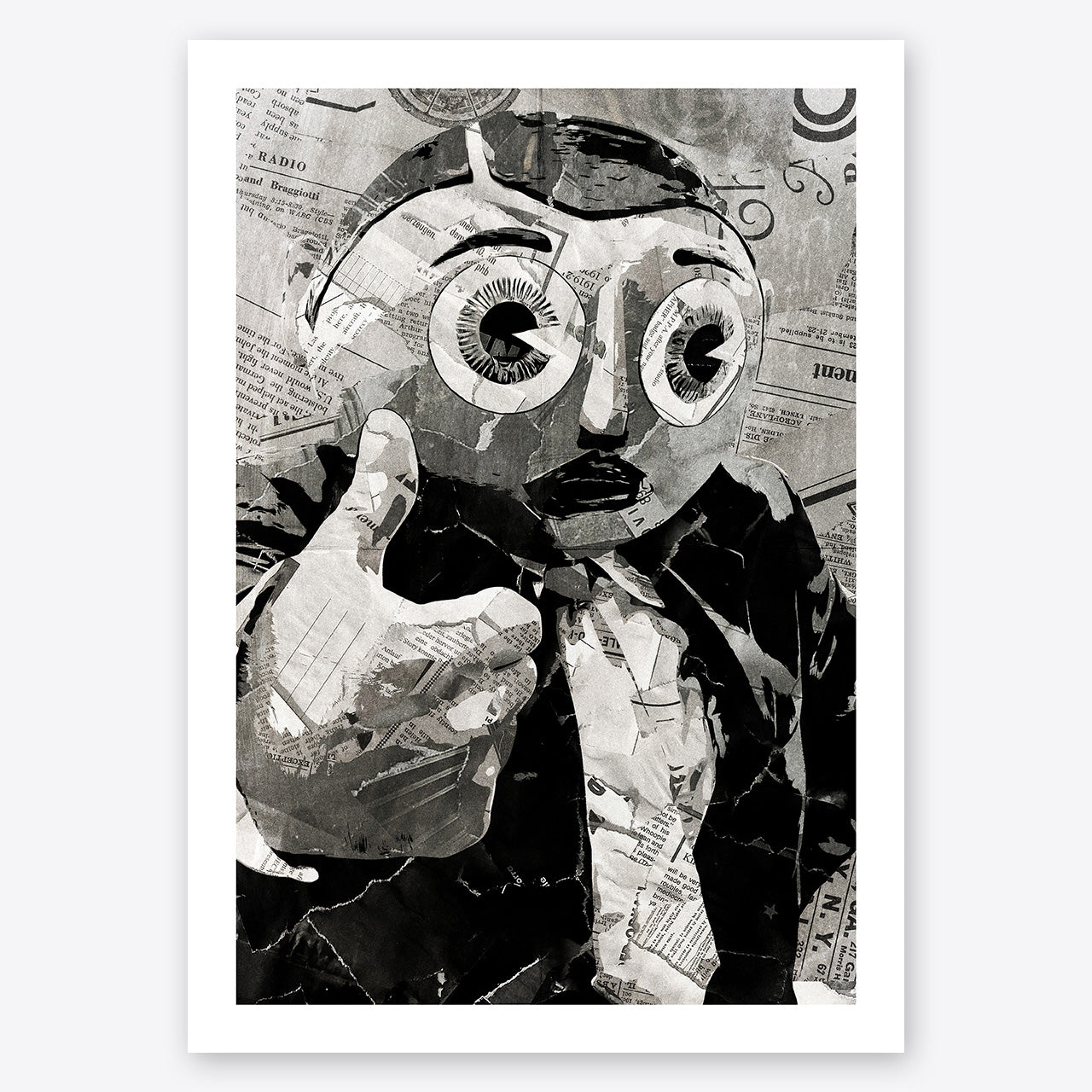 A digital collage portrait of Manchester legend Frank Sidebottom created using ripped up magazines and newspaper. An archival standard quality print from The Building House.