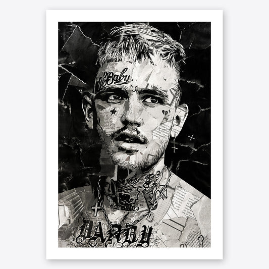 A digital collage portrait of Lil Peep created using ripped up magazines and newspaper. An archival standard quality print from The Building House.