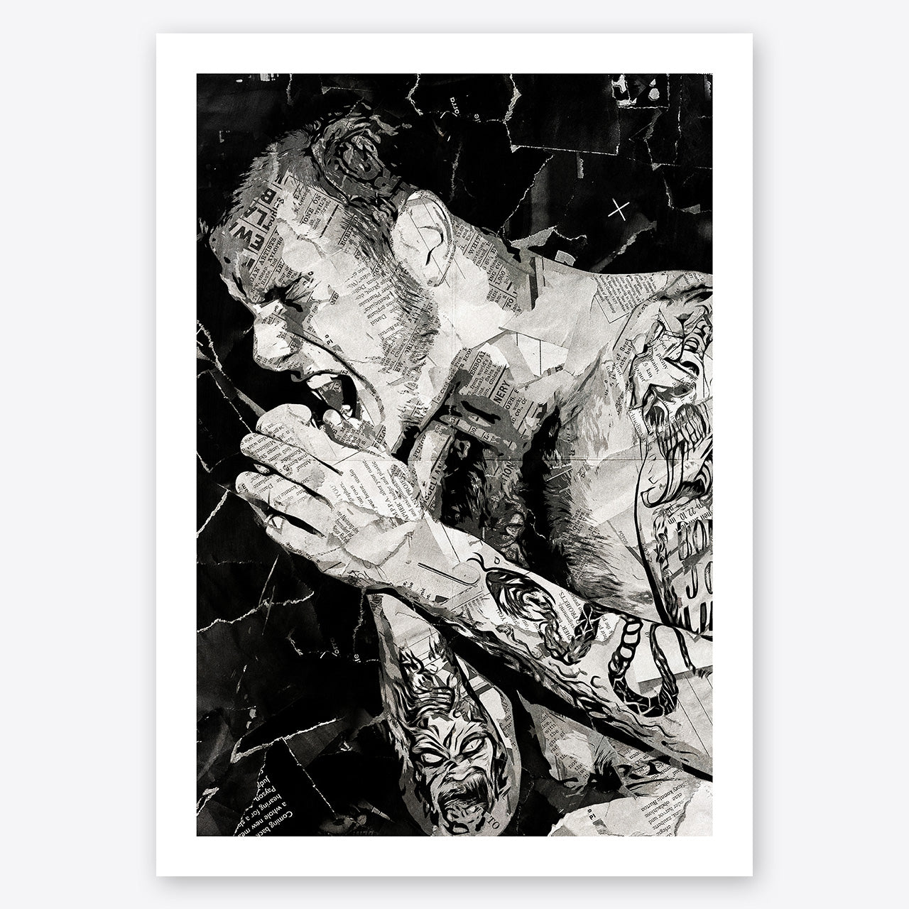 A digital collage portrait of Phil Anselmo of Pantera created using ripped up magazines and newspaper. An archival standard quality print from The Building House.