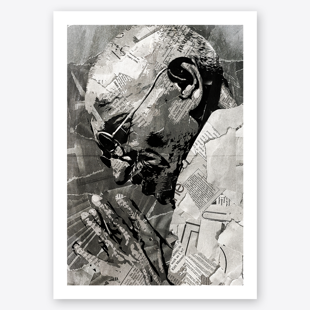 A Mahatma Gandhi poster design - a portrait of Gandhi made using a collage of torn pieces of magazine pages in black and white.
