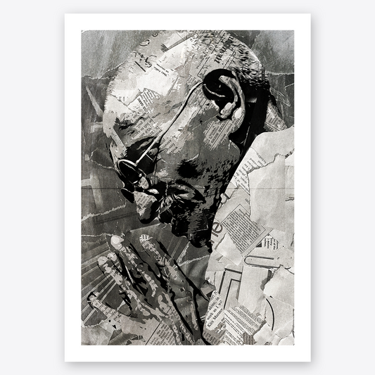 A Mahatma Gandhi poster design - a portrait of Gandhi made using a collage of torn pieces of magazine pages in black and white.
