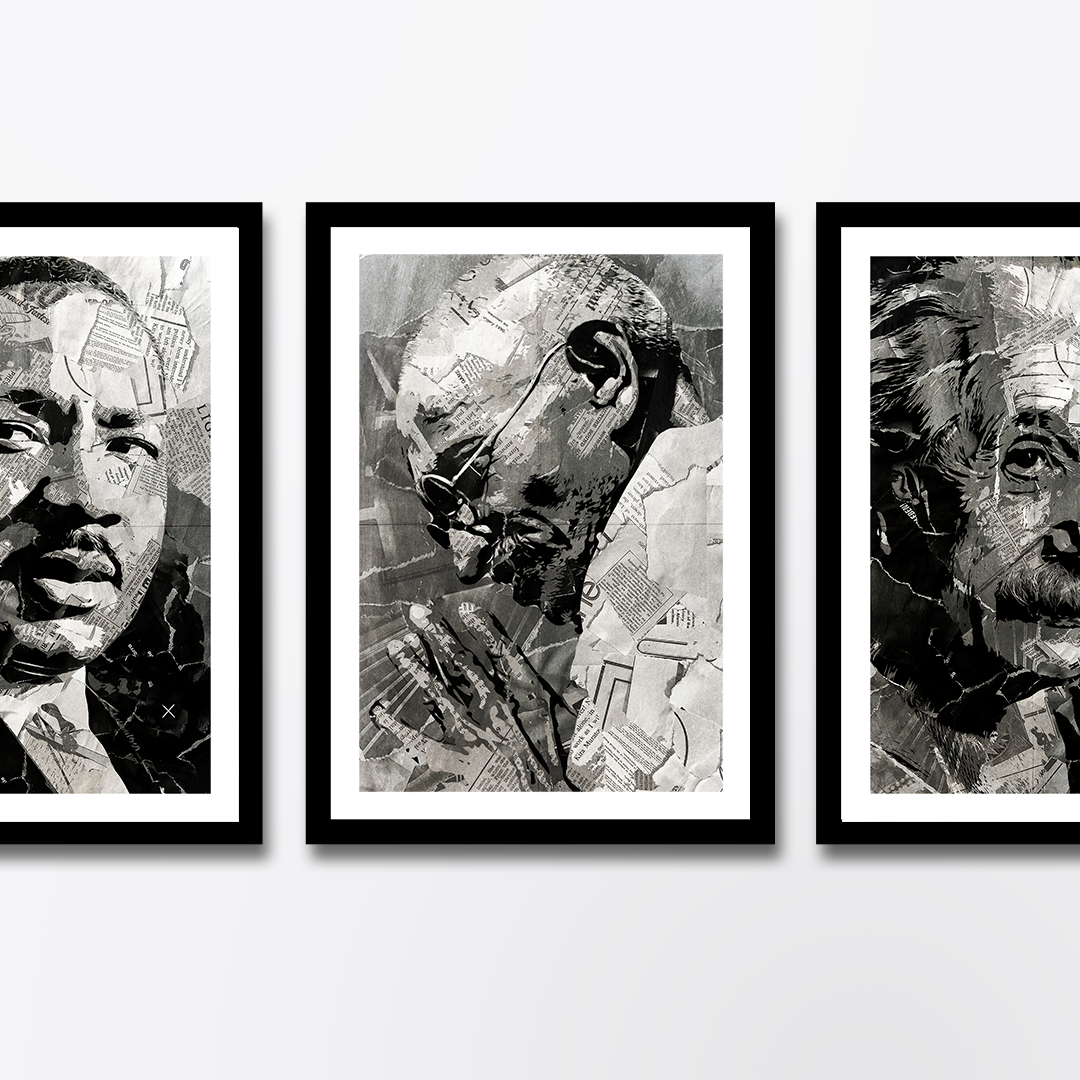 A Mahatma Gandhi poster design - a portrait of Gandhi made using a collage of torn pieces of magazine pages in black and white.