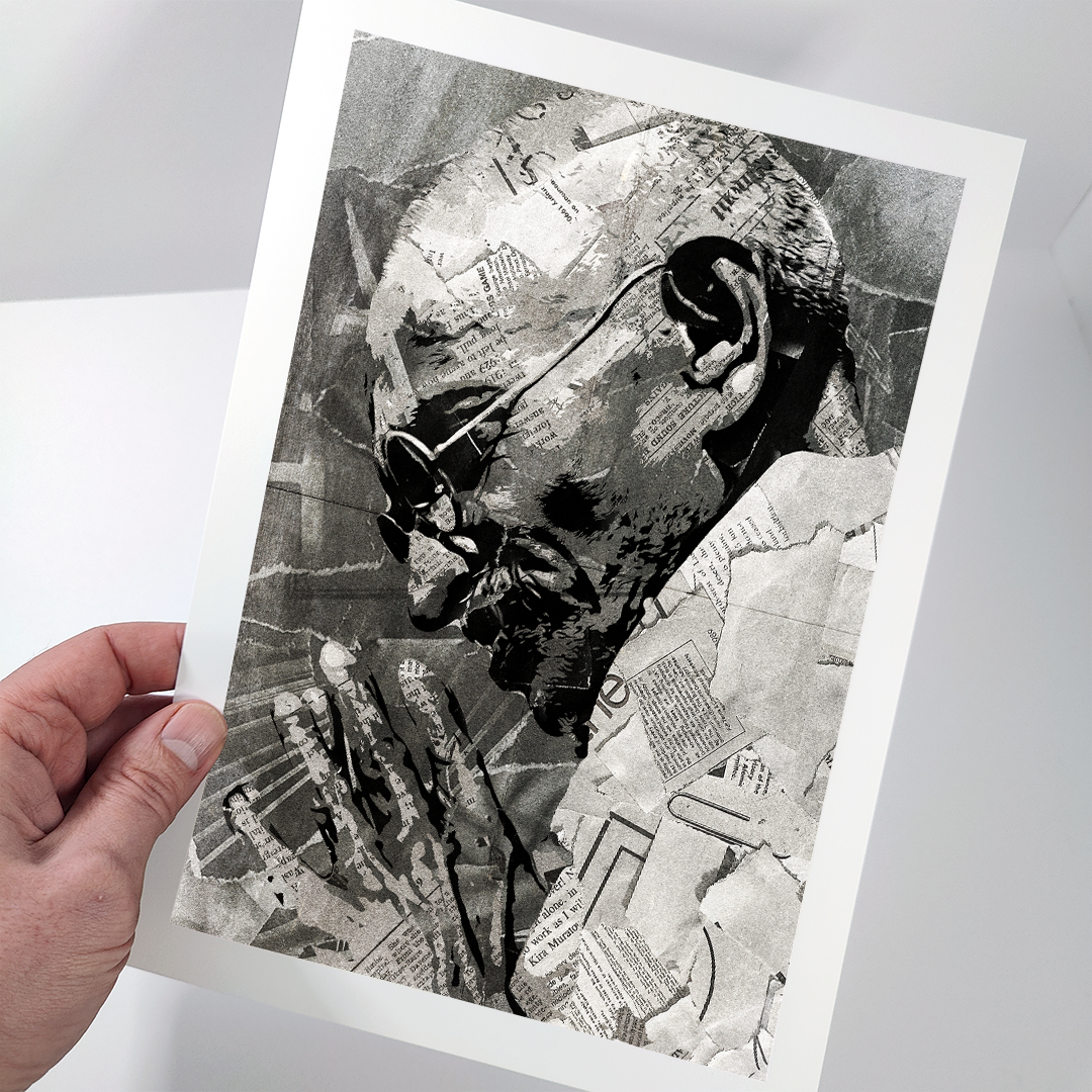 A Mahatma Gandhi poster design - a portrait of Gandhi made using a collage of torn pieces of magazine pages in black and white.