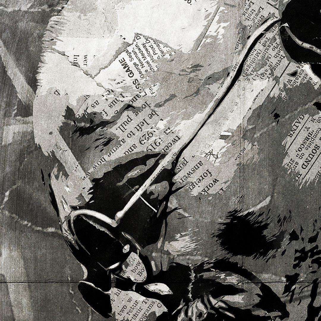 A Mahatma Gandhi poster design - a portrait of Gandhi made using a collage of torn pieces of magazine pages in black and white.