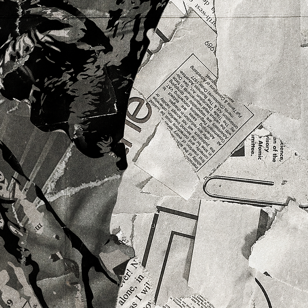 A Mahatma Gandhi poster design - a portrait of Gandhi made using a collage of torn pieces of magazine pages in black and white.