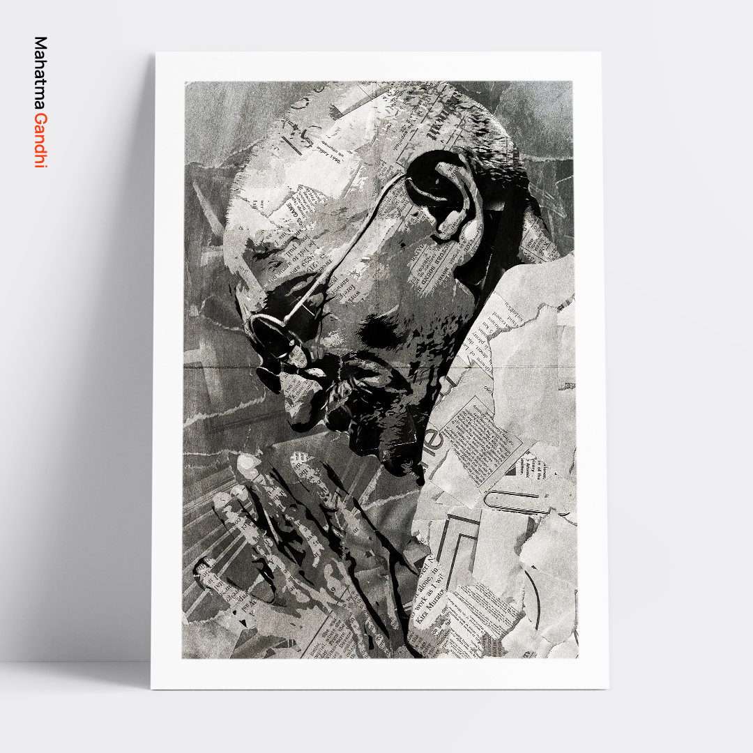A Mahatma Gandhi poster design - a portrait of Gandhi made using a collage of torn pieces of magazine pages in black and white.
