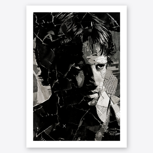 A Highlander / Connor MacLeod / Christopher Lambert poster design - a portrait of Connor made using a collage of torn pieces of magazine pages in black and white.