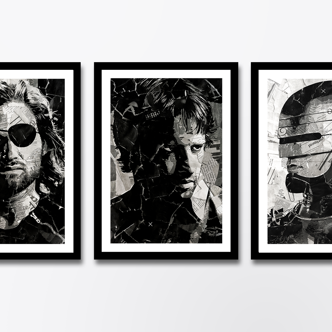 A Highlander / Connor MacLeod / Christopher Lambert poster design - a portrait of Connor made using a collage of torn pieces of magazine pages in black and white.
