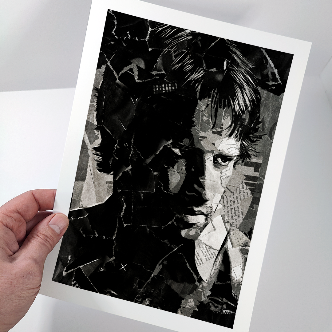 A Highlander / Connor MacLeod / Christopher Lambert poster design - a portrait of Connor made using a collage of torn pieces of magazine pages in black and white.