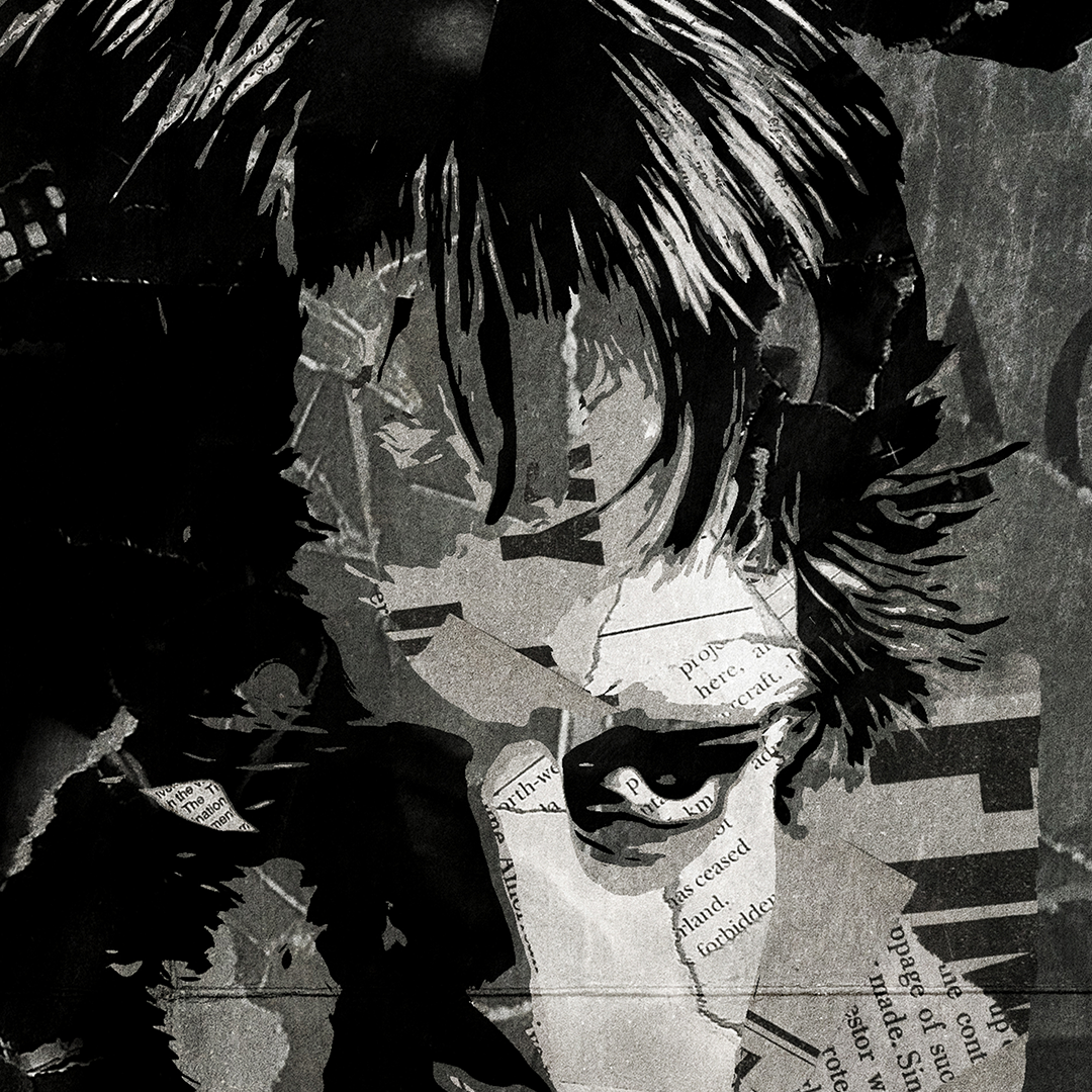 A Highlander / Connor MacLeod / Christopher Lambert poster design - a portrait of Connor made using a collage of torn pieces of magazine pages in black and white.