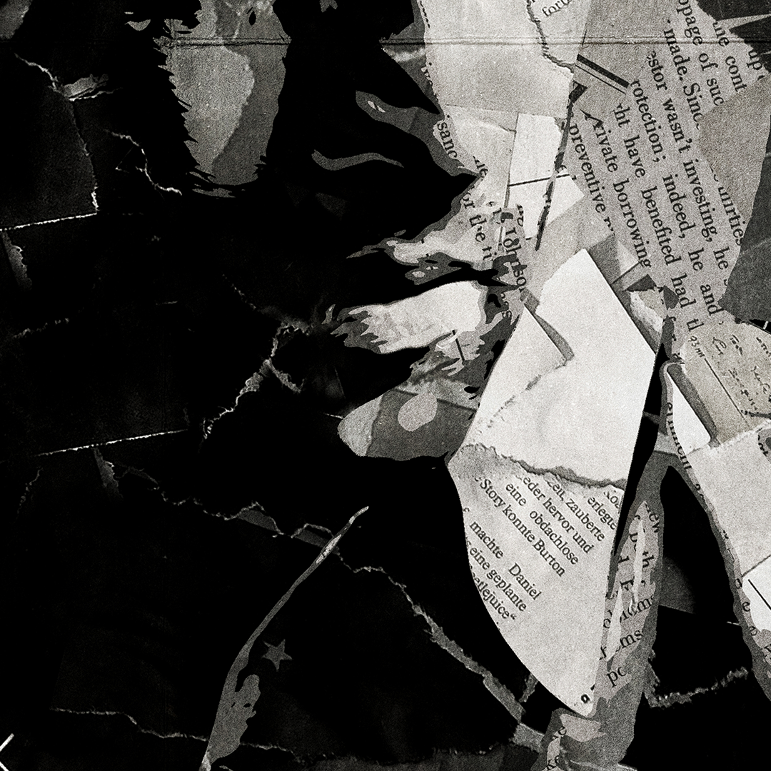 A Highlander / Connor MacLeod / Christopher Lambert poster design - a portrait of Connor made using a collage of torn pieces of magazine pages in black and white.