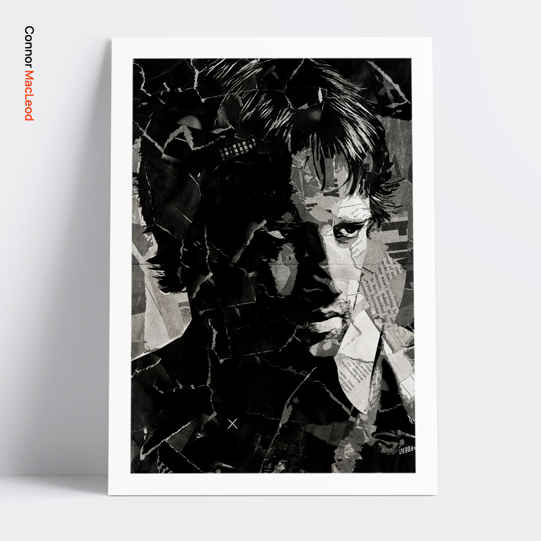 A Highlander / Connor MacLeod / Christopher Lambert poster design - a portrait of Connor made using a collage of torn pieces of magazine pages in black and white.