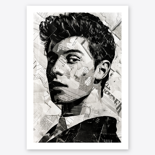 A Shawn Mendes poster design - a portrait of Shawn Mendes created using a collage of torn pieces of magazine pages in black and white.