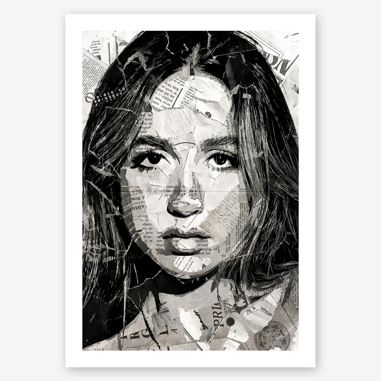 A Tate McRae poster design - a portrait of Tate McRae created using a collage of torn pieces of magazine pages in black and white.