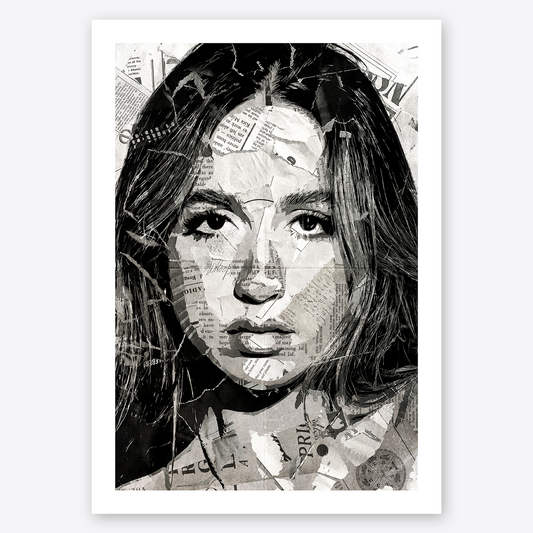 A Tate McRae poster design - a portrait of Tate McRae created using a collage of torn pieces of magazine pages in black and white.