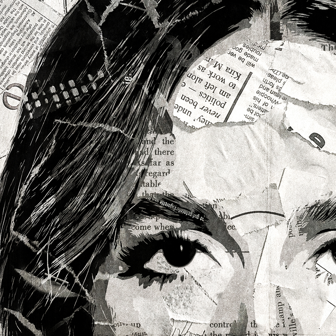 A Tate McRae poster design - a portrait of Tate McRae created using a collage of torn pieces of magazine pages in black and white.