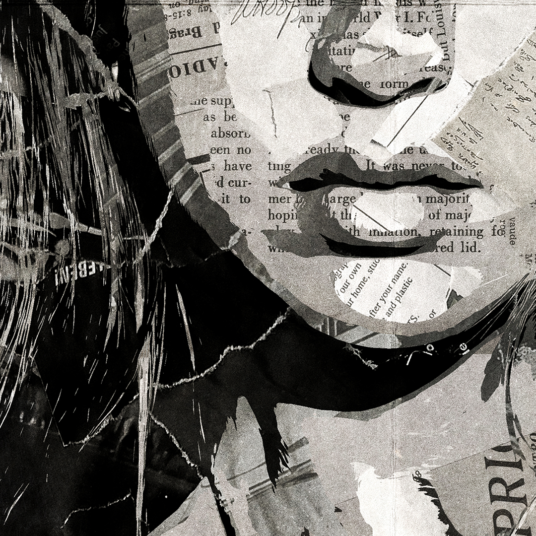 A Tate McRae poster design - a portrait of Tate McRae created using a collage of torn pieces of magazine pages in black and white.