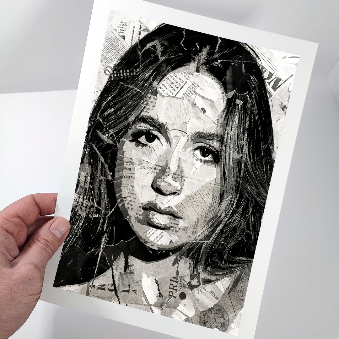 A Tate McRae poster design - a portrait of Tate McRae created using a collage of torn pieces of magazine pages in black and white.