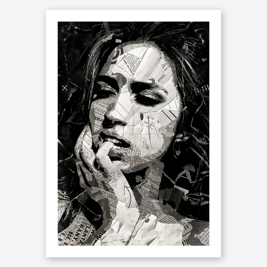 A Tate McRae poster design - a portrait of Tate McRae created using a collage of torn pieces of magazine pages in black and white.