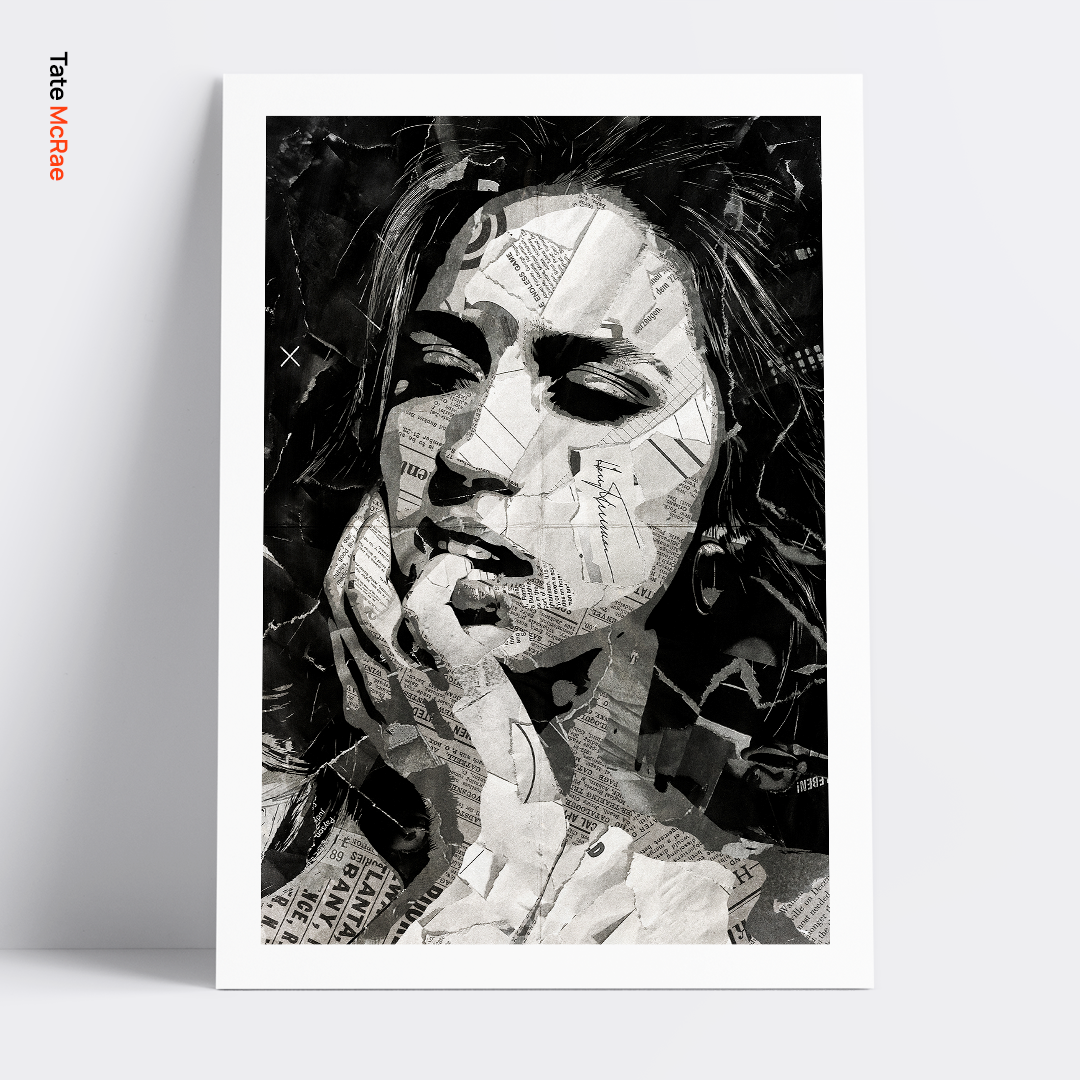 A Tate McRae poster design - a portrait of Tate McRae created using a collage of torn pieces of magazine pages in black and white.