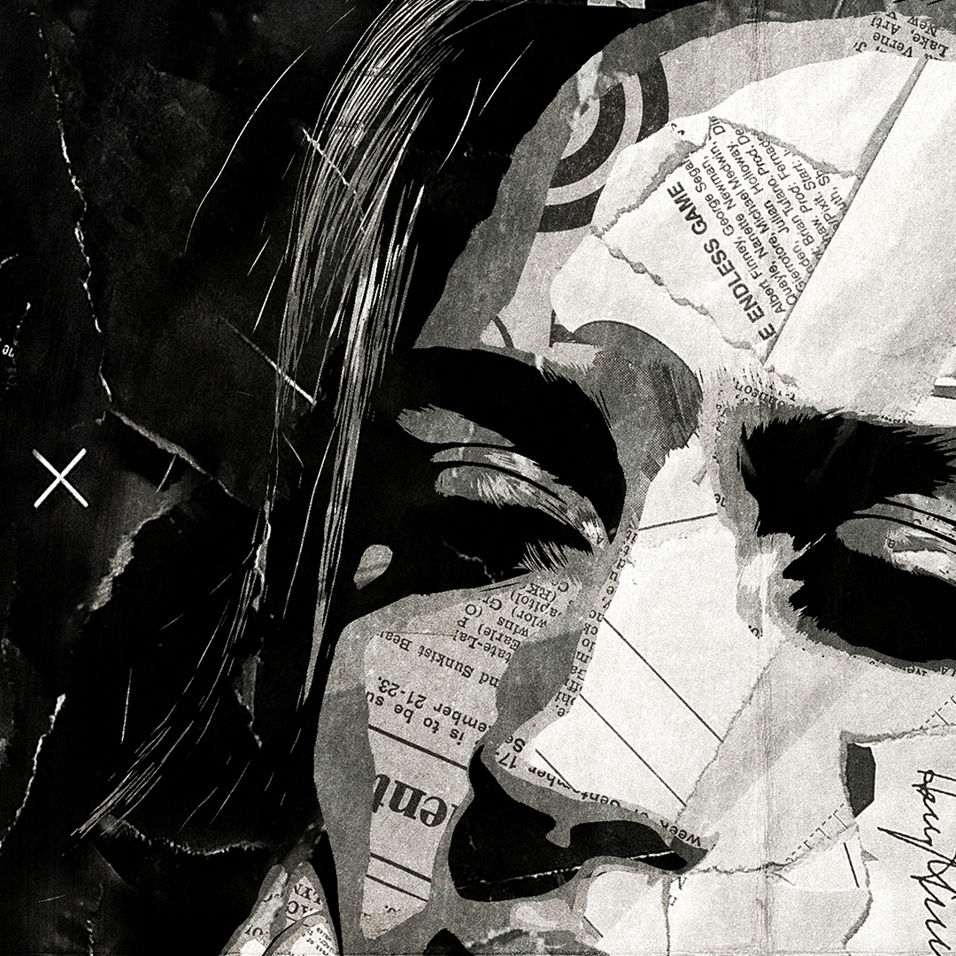 A Tate McRae poster design - a portrait of Tate McRae created using a collage of torn pieces of magazine pages in black and white.