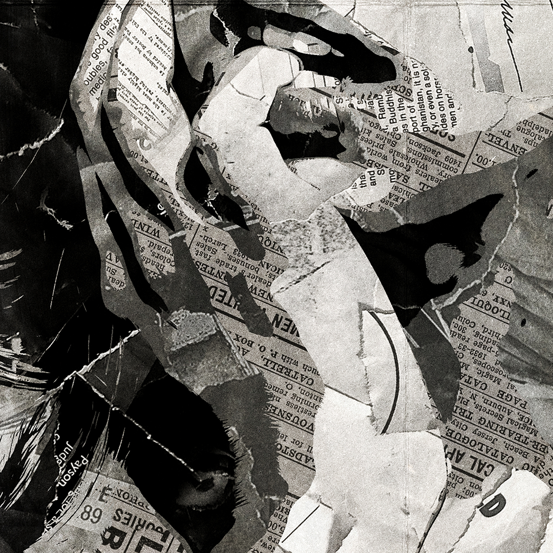 A Tate McRae poster design - a portrait of Tate McRae created using a collage of torn pieces of magazine pages in black and white.
