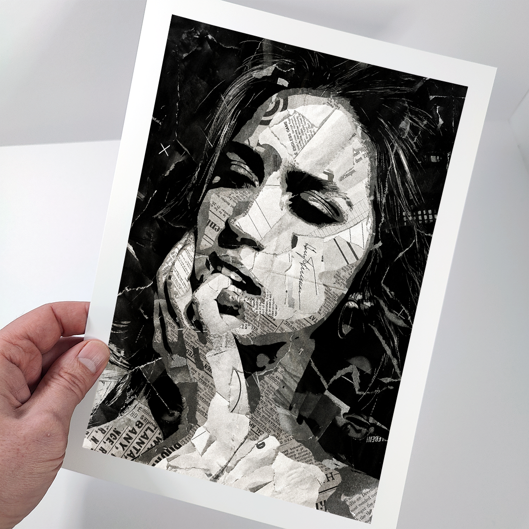 A Tate McRae poster design - a portrait of Tate McRae created using a collage of torn pieces of magazine pages in black and white.