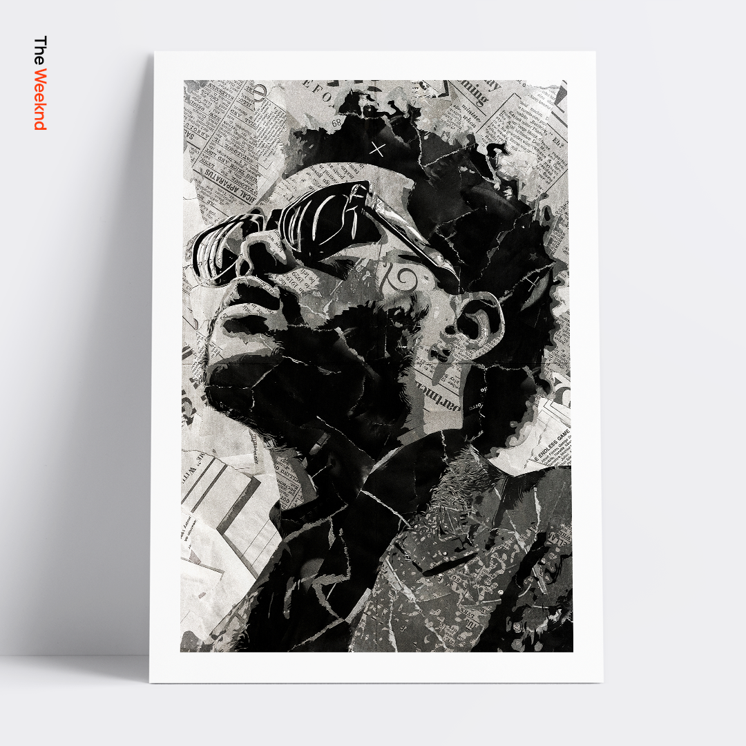 A Weeknd poster design - a portrait of Weeknd created using a collage of torn pieces of magazine pages in black and white.