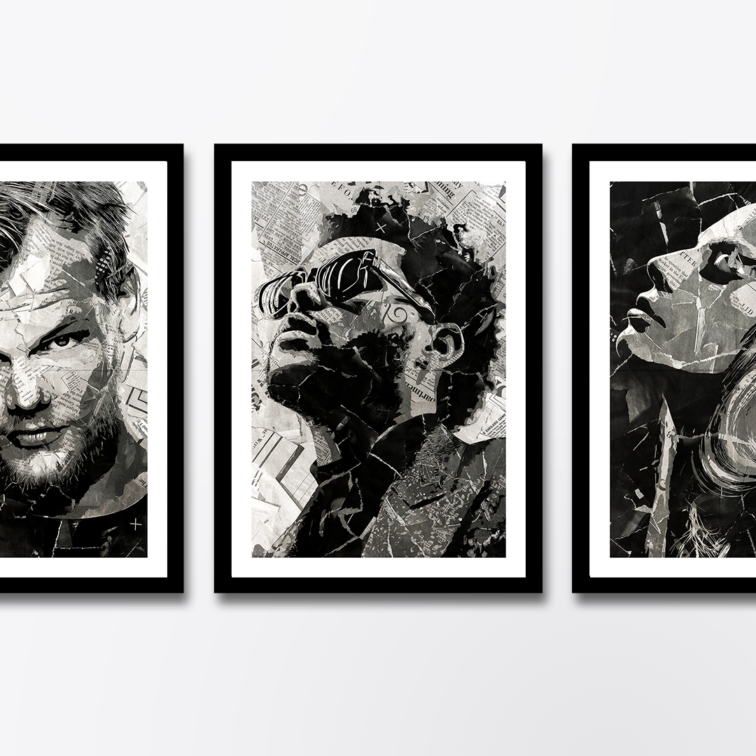 A Weeknd poster design - a portrait of Weeknd created using a collage of torn pieces of magazine pages in black and white.