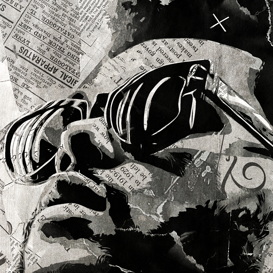 A Weeknd poster design - a portrait of Weeknd created using a collage of torn pieces of magazine pages in black and white.