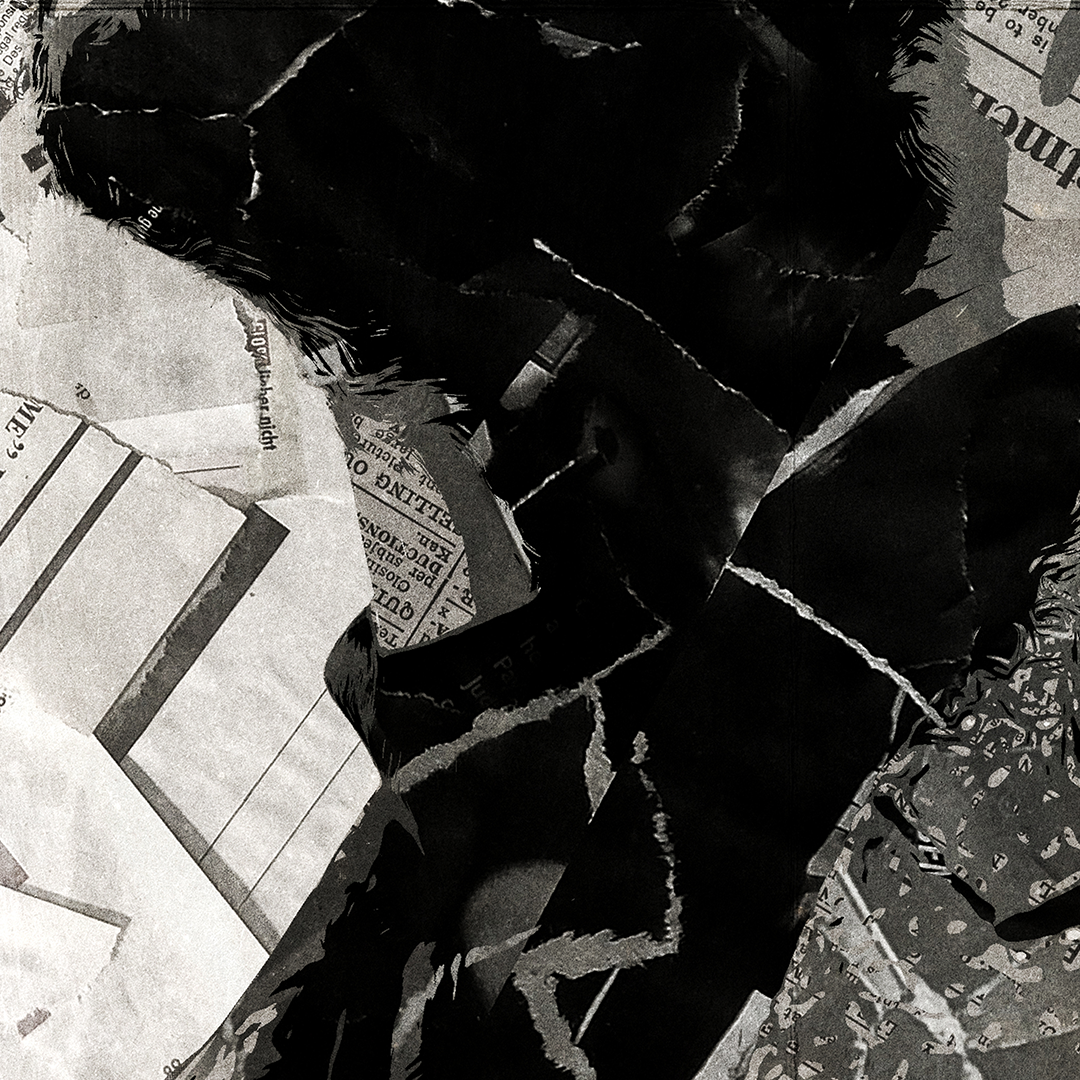 A Weeknd poster design - a portrait of Weeknd created using a collage of torn pieces of magazine pages in black and white.