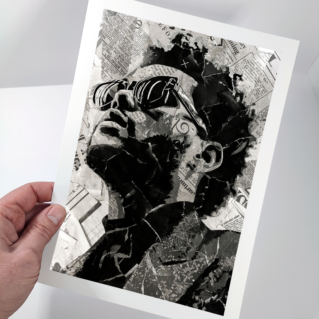 A Weeknd poster design - a portrait of Weeknd created using a collage of torn pieces of magazine pages in black and white.