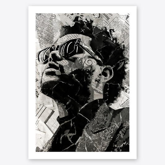 A Weeknd poster design - a portrait of Weeknd created using a collage of torn pieces of magazine pages in black and white.