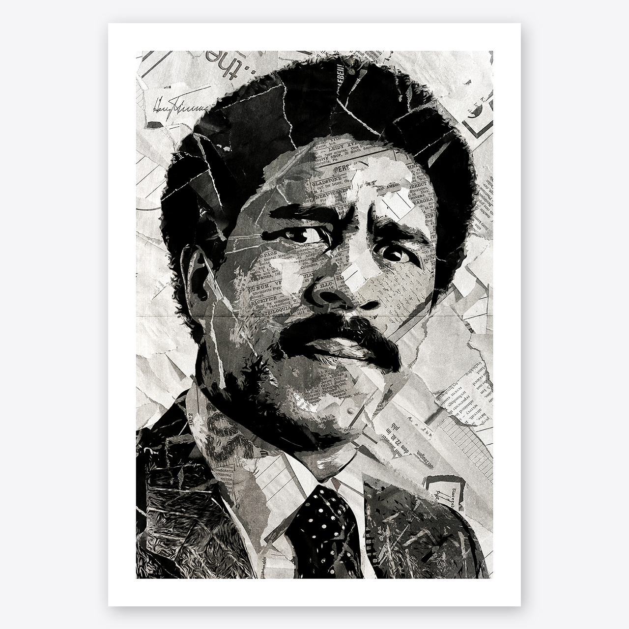 A Richard Pryor poster design - a portrait of Richard Pryor created using a collage of torn pieces of magazine pages in black and white.