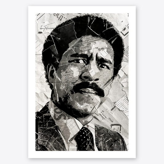 A Richard Pryor poster design - a portrait of Richard Pryor created using a collage of torn pieces of magazine pages in black and white.