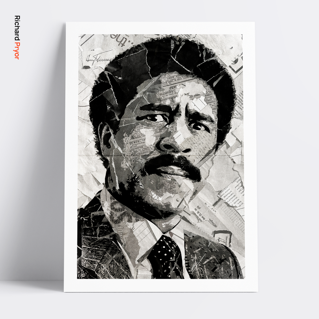 A Richard Pryor poster design - a portrait of Richard Pryor created using a collage of torn pieces of magazine pages in black and white.