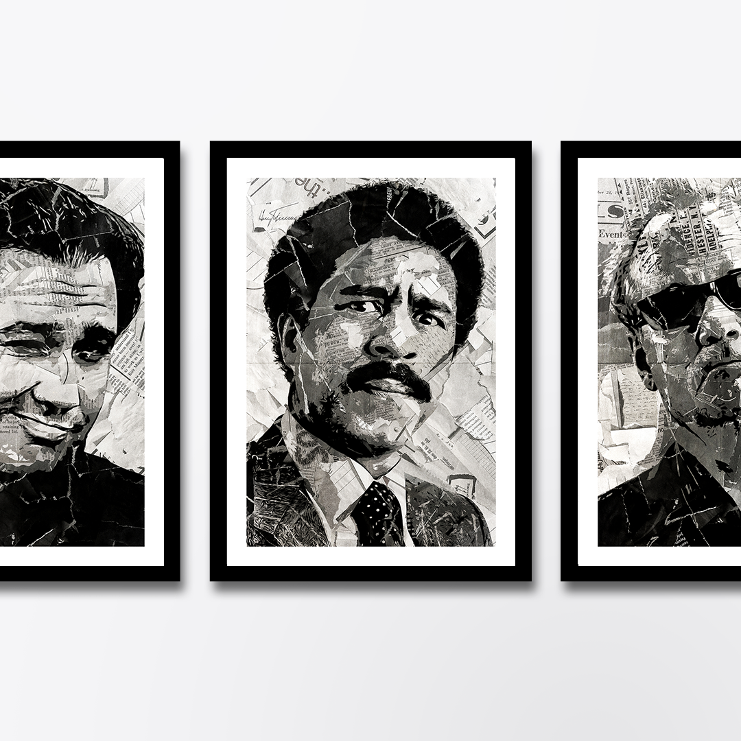 A Richard Pryor poster design - a portrait of Richard Pryor created using a collage of torn pieces of magazine pages in black and white.