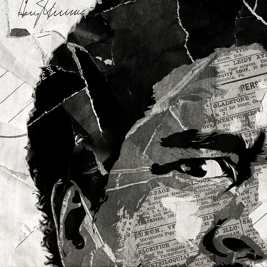 A Richard Pryor poster design - a portrait of Richard Pryor created using a collage of torn pieces of magazine pages in black and white.