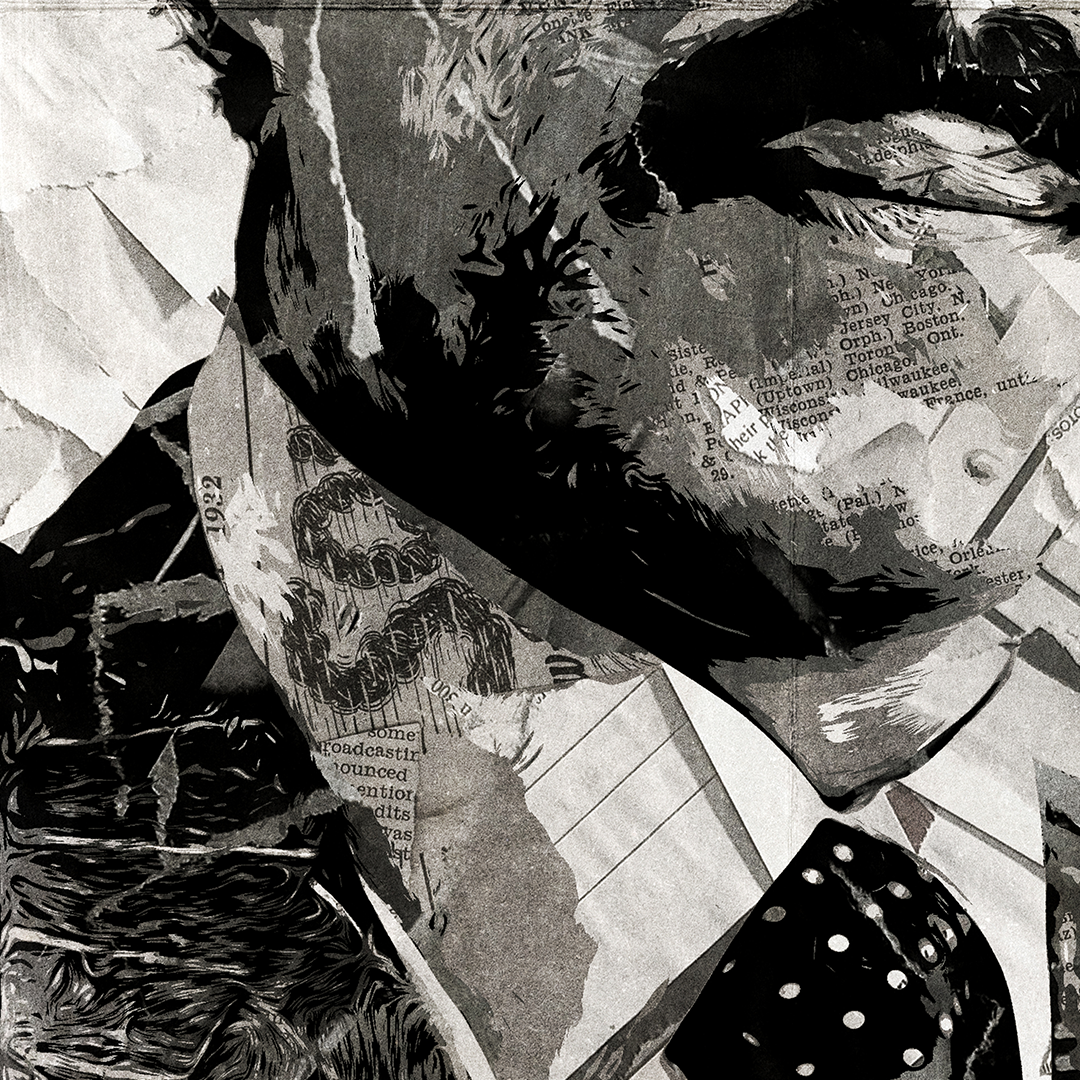 A Richard Pryor poster design - a portrait of Richard Pryor created using a collage of torn pieces of magazine pages in black and white.