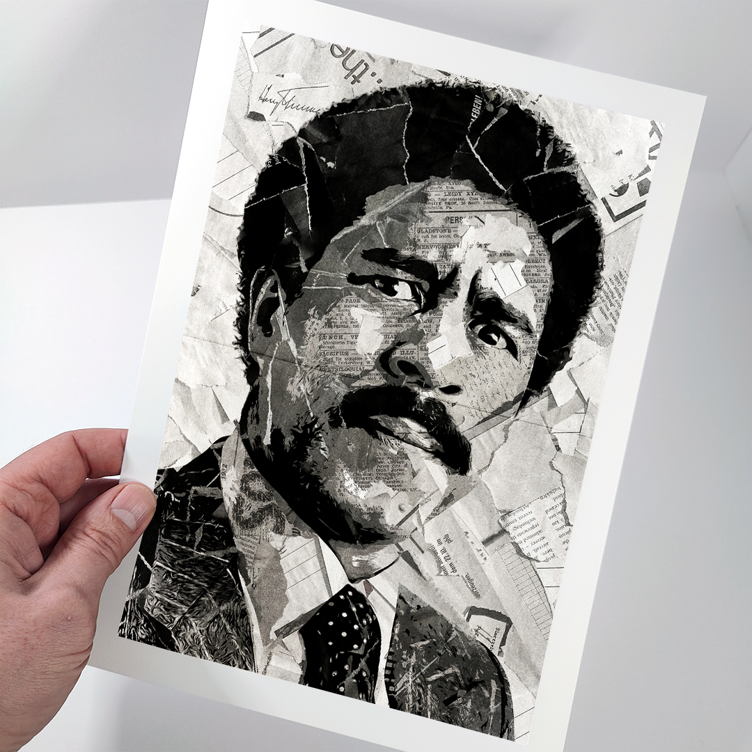 A Richard Pryor poster design - a portrait of Richard Pryor created using a collage of torn pieces of magazine pages in black and white.