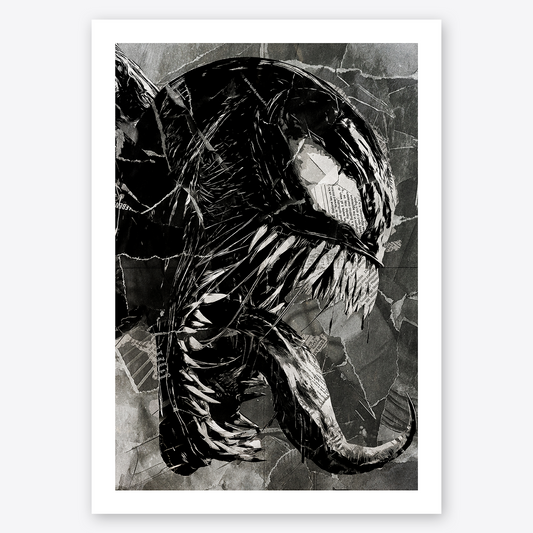 A Venom poster design - a portrait of Venom created using a collage of torn pieces of magazine pages in black and white.