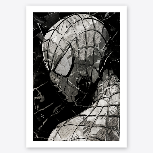A Spider-Man poster design - a portrait of Spider-Man created using a collage of torn pieces of magazine pages in black and white.