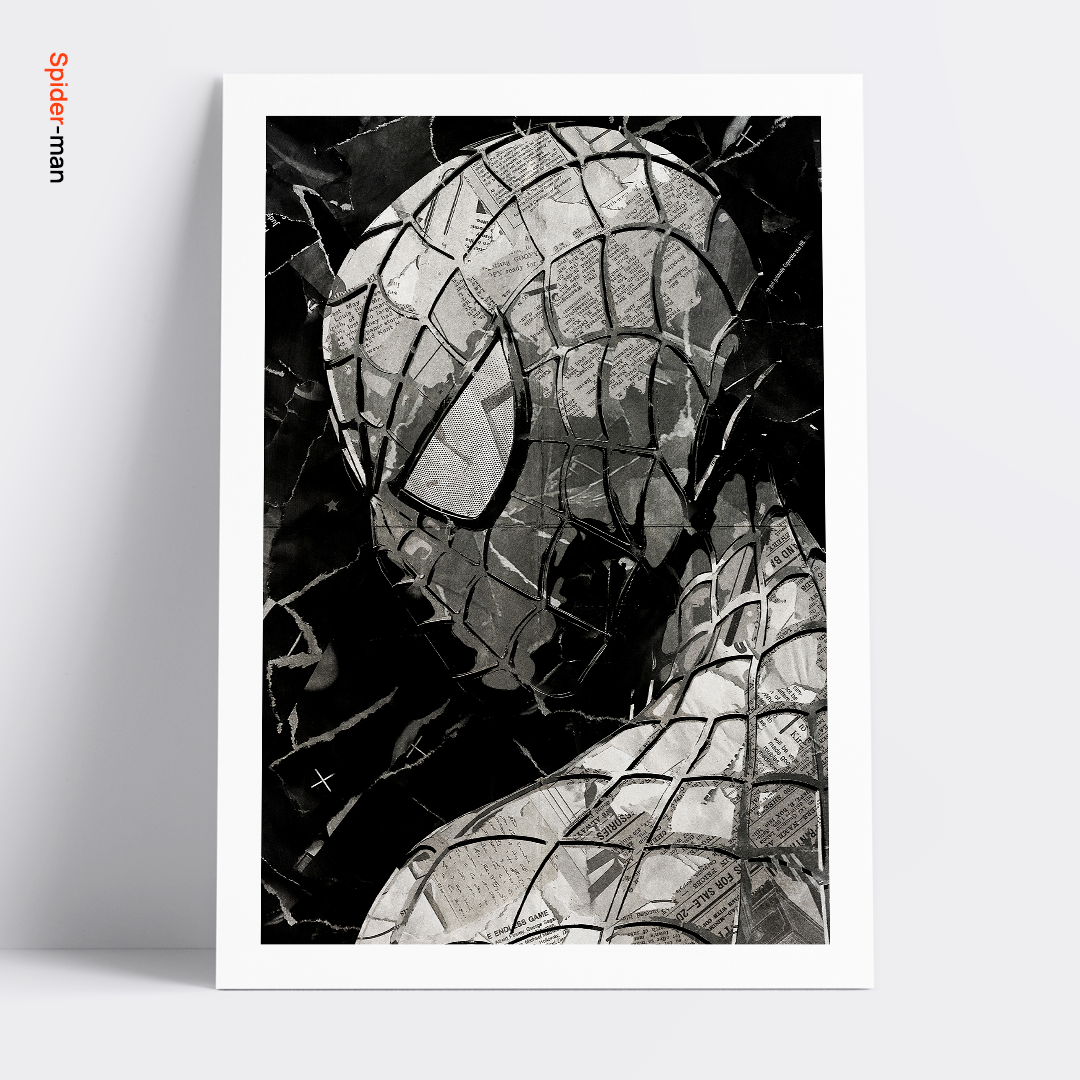 A Spider-Man poster design - a portrait of Spider-Man created using a collage of torn pieces of magazine pages in black and white.