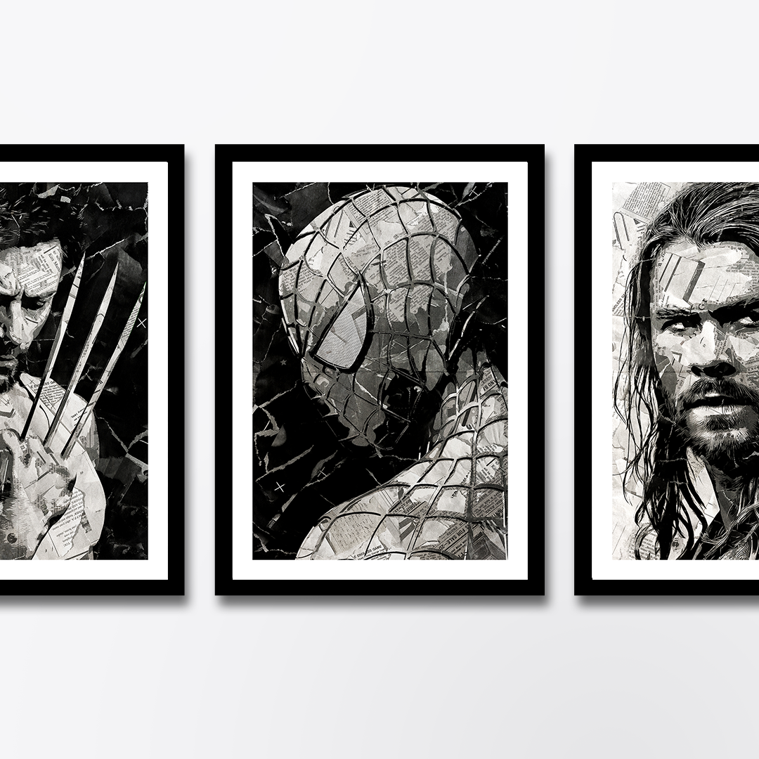 A Spider-Man poster design - a portrait of Spider-Man created using a collage of torn pieces of magazine pages in black and white.