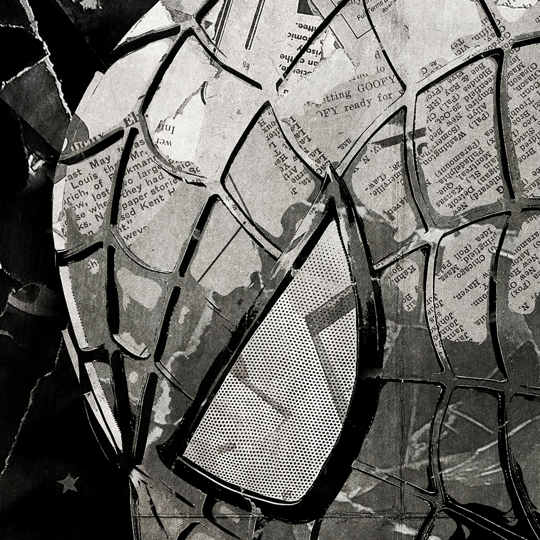 A Spider-Man poster design - a portrait of Spider-Man created using a collage of torn pieces of magazine pages in black and white.