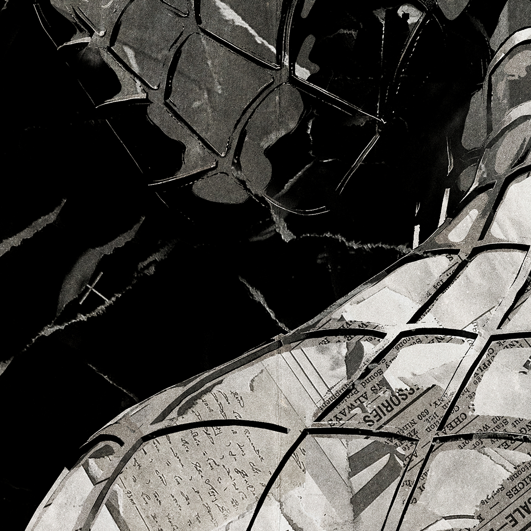A Spider-Man poster design - a portrait of Spider-Man created using a collage of torn pieces of magazine pages in black and white.